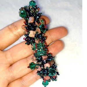 Multicolored Seed Bead & Stone Chip Wide wrap Cuff Bracelet Boho magnetic close